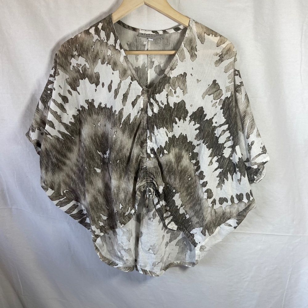 Bryn Walker White/Brown/Tan Watercolor Ruched Front Asymmetrical Top‎ Sz …